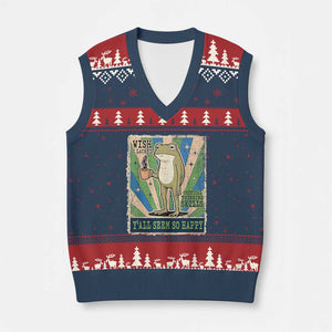 Vintage Frog Drinking Coffee Sarcastic Meme V-Neck Knit Sweater Vest Wish I Lacked Critical Thinking Skills You All Seem So Happy