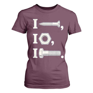 Funny Handyman Mechanic Adult Humor T Shirt For Women I Screw I Nut I Bolt Rebus Hardware Innuendo Offensive Joke