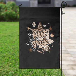 First Grade Leopard Checkered Star Coquette Garden Flag Cute 1st Grade Girl Back to School Gift