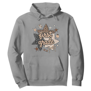 First Grade Leopard Checkered Star Coquette Hoodie Cute 1st Grade Girl Back to School Gift
