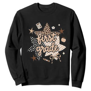 First Grade Leopard Checkered Star Coquette Sweatshirt Cute 1st Grade Girl Back to School Gift