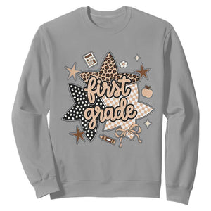First Grade Leopard Checkered Star Coquette Sweatshirt Cute 1st Grade Girl Back to School Gift