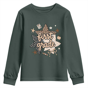 First Grade Leopard Checkered Star Coquette Youth Sweatshirt Cute 1st Grade Girl Back to School Gift