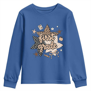 First Grade Leopard Checkered Star Coquette Youth Sweatshirt Cute 1st Grade Girl Back to School Gift