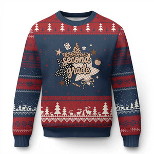 Second Grade Leopard Checkered Star Coquette Ugly Christmas Sweater Cute 2nd Grade Girl Back to School Gift
