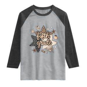 Fifth Grade Leopard Checkered Star Coquette Raglan Shirt Cute 5th Grade Girl Back to School Gift