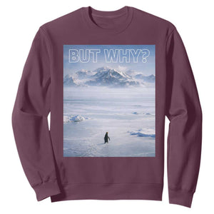 Funny Nihilist Penguin But Why Meme Sweatshirt Existential Arctic Scene Icy Wilderness Quiet Thinkers TS02 Maroon Print Your Wear