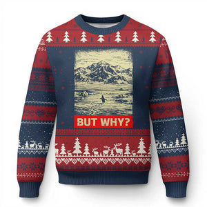 Retro Nihilist Penguin But Why Meme Ugly Christmas Sweater Distressed Existential Moody Vintage Quiet Thinkers TS02 Navy Red Print Your Wear