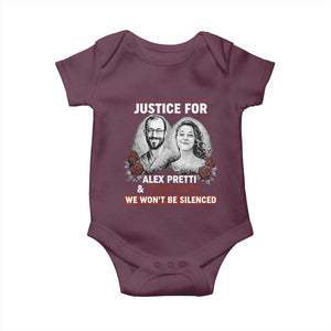 Justice for Alex Pretti and Renee Good Baby Onesie We Won’t Be Silenced Minnesota Resistance Protest TS02 Maroon Print Your Wear