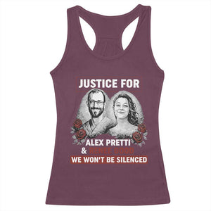 Justice for Alex Pretti and Renee Good Racerback Tank Top We Won’t Be Silenced Minnesota Resistance Protest TS02 Maroon Print Your Wear