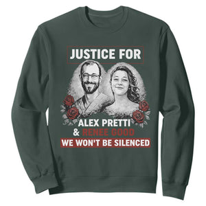 Justice for Alex Pretti and Renee Good Sweatshirt We Won’t Be Silenced Minnesota Resistance Protest TS02 Dark Forest Green Print Your Wear