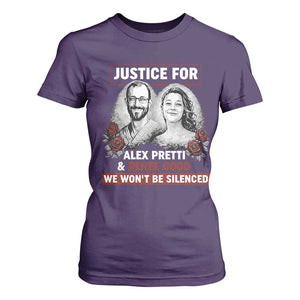 Justice for Alex Pretti and Renee Good T Shirt For Women We Won’t Be Silenced Minnesota Resistance Protest TS02 Purple Print Your Wear