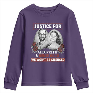 Justice for Alex Pretti and Renee Good Youth Sweatshirt We Won’t Be Silenced Minnesota Resistance Protest TS02 Purple Print Your Wear
