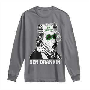 Funny St Patrick's Day Ben Dranking Long Sleeve Shirt Benjamin Franklin Retro Saint Paddy's Day TS02 Charcoal Print Your Wear