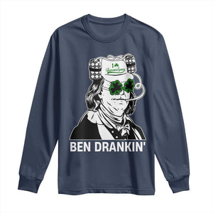 Funny St Patrick's Day Ben Dranking Long Sleeve Shirt Benjamin Franklin Retro Saint Paddy's Day TS02 Navy Print Your Wear