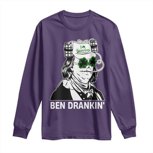 Funny St Patrick's Day Ben Dranking Long Sleeve Shirt Benjamin Franklin Retro Saint Paddy's Day TS02 Purple Print Your Wear