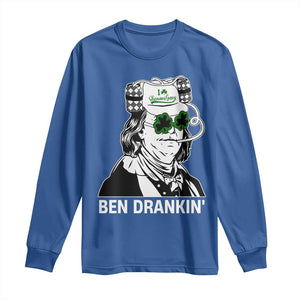 Funny St Patrick's Day Ben Dranking Long Sleeve Shirt Benjamin Franklin Retro Saint Paddy's Day TS02 Royal Blue Print Your Wear