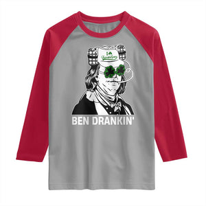 Funny St Patrick's Day Ben Dranking Raglan Shirt Benjamin Franklin Retro Saint Paddy's Day TS02 Sport Gray Red Print Your Wear