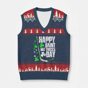 St. Patrick's Day Ice Hockey V-Neck Knit Sweater Vest Happy Saint Hat Trick's Lucky Shamrocks TS02 Navy Red Print Your Wear