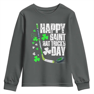St. Patrick's Day Ice Hockey Youth Sweatshirt Happy Saint Hat Trick's Lucky Shamrocks TS02 Dark Heather Print Your Wear
