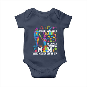 Autism Mom Baby Onesie Who Never Gives Up Family Support Autistic TS02 Navy Print Your Wear