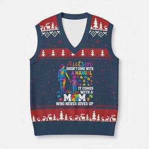 Autism Mom V-Neck Knit Sweater Vest Who Never Gives Up Family Support Autistic TS02 Navy Red Print Your Wear