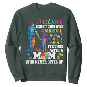 Autism Mom Sweatshirt Who Never Gives Up Family Support Autistic TS02 Dark Forest Green Print Your Wear