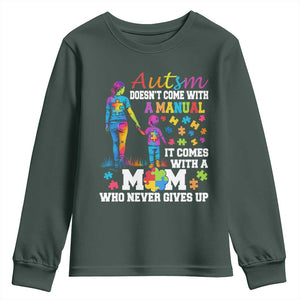 Autism Mom Youth Sweatshirt Who Never Gives Up Family Support Autistic TS02 Dark Forest Green Print Your Wear