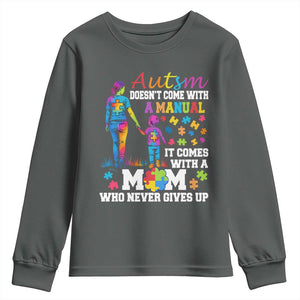 Autism Mom Youth Sweatshirt Who Never Gives Up Family Support Autistic TS02 Dark Heather Print Your Wear