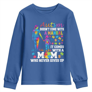 Autism Mom Youth Sweatshirt Who Never Gives Up Family Support Autistic TS02 Royal Blue Print Your Wear