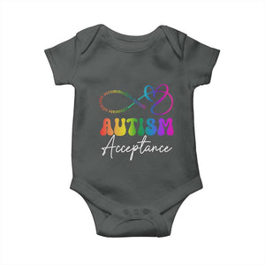Autism Acceptance Baby Onesie Advocate Educate Accomodate Include Rainbow Infinity Symbol TS02 Dark Heather Print Your Wear