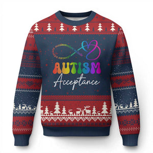 Autism Acceptance Ugly Christmas Sweater Advocate Educate Accomodate Include Rainbow Infinity Symbol TS02 Navy Red Print Your Wear