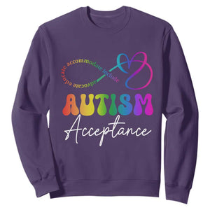 Autism Acceptance Sweatshirt Advocate Educate Accomodate Include Rainbow Infinity Symbol TS02 Purple Print Your Wear