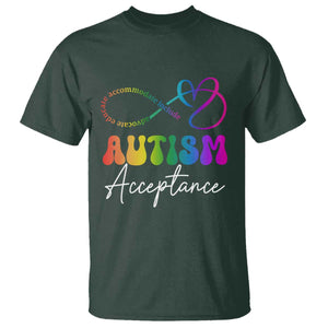 Autism Acceptance T Shirt Advocate Educate Accomodate Include Rainbow Infinity Symbol TS02 Dark Forest Green Print Your Wear