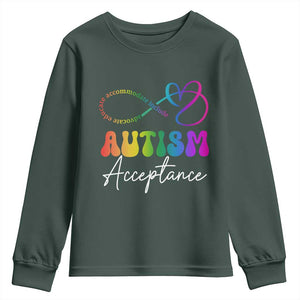 Autism Acceptance Youth Sweatshirt Advocate Educate Accomodate Include Rainbow Infinity Symbol TS02 Dark Forest Green Print Your Wear