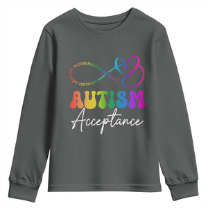 Autism Acceptance Youth Sweatshirt Advocate Educate Accomodate Include Rainbow Infinity Symbol TS02 Dark Heather Print Your Wear
