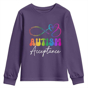 Autism Acceptance Youth Sweatshirt Advocate Educate Accomodate Include Rainbow Infinity Symbol TS02 Purple Print Your Wear