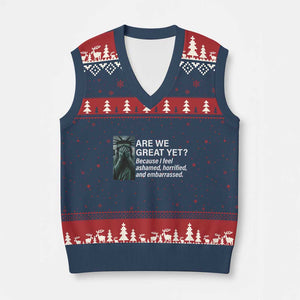 Are We Great Yet Because I Feel Ashamed V-Neck Knit Sweater Vest Horrified Embarrassed Crying Statue of Liberty TS02 Navy Red Print Your Wear