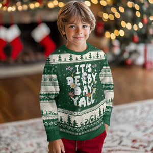 It's Derby Day Y'All Ugly Christmas Sweater Retro Groovy KY Horse Racing TS02 Forest Green Beige Print Your Wear