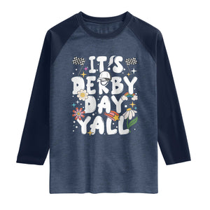 It's Derby Day Y'All Raglan Shirt Retro Groovy KY Horse Racing TS02 Heather Denim Navy Print Your Wear