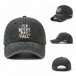 It's Derby Day Y'All Washed Cotton Baseball Cap Retro Groovy KY Horse Racing TS02 Washed Cap Universal Fit Dark Green Print Your Wear