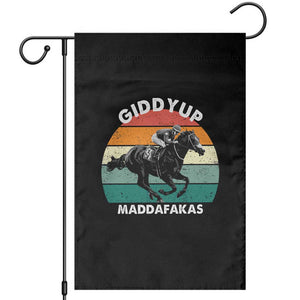 Giddy Up Madafakas Retro Sunset Horse Racing Garden Flag Funny Sarcastic Equestrian Jockey Vintage 70s TS02 Black Print Your Wear