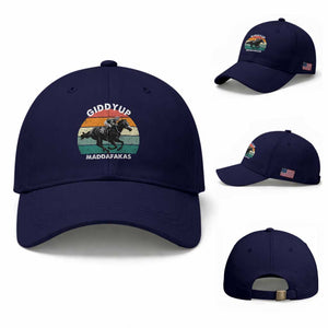 Giddy Up Madafakas Retro Sunset Horse Racing Baseball Cap Funny Sarcastic Equestrian Jockey Vintage 70s TS02 Baseball Cap Universal Fit Dark Blue Print Your Wear