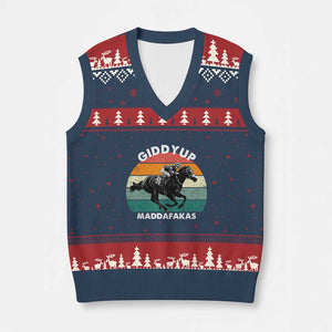 Giddy Up Madafakas Retro Sunset Horse Racing V-Neck Knit Sweater Vest Funny Sarcastic Equestrian Jockey Vintage 70s TS02 Navy Red Print Your Wear