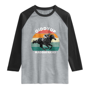 Giddy Up Madafakas Retro Sunset Horse Racing Raglan Shirt Funny Sarcastic Equestrian Jockey Vintage 70s TS02 Heather Gray Black Print Your Wear