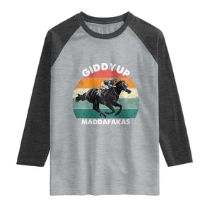 Giddy Up Madafakas Retro Sunset Horse Racing Raglan Shirt Funny Sarcastic Equestrian Jockey Vintage 70s TS02 Heather Gray Heather Charcoal Print Your Wear