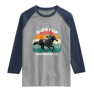 Giddy Up Madafakas Retro Sunset Horse Racing Raglan Shirt Funny Sarcastic Equestrian Jockey Vintage 70s TS02 Sport Gray Navy Print Your Wear