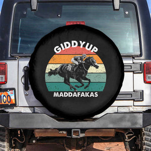 Giddy Up Madafakas Retro Sunset Horse Racing Spare Tire Cover Funny Sarcastic Equestrian Jockey Vintage 70s TS02 No hole Black Print Your Wear