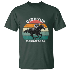 Giddy Up Madafakas Retro Sunset Horse Racing T Shirt Funny Sarcastic Equestrian Jockey Vintage 70s TS02 Dark Forest Green Print Your Wear