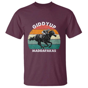 Giddy Up Madafakas Retro Sunset Horse Racing T Shirt Funny Sarcastic Equestrian Jockey Vintage 70s TS02 Maroon Print Your Wear